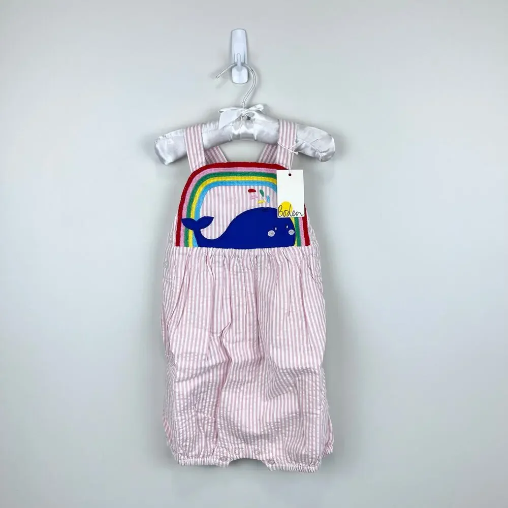 Mini Boden Appliqué Whale Woven Romper Ivory/Pink Ticking Whale 2-3 NWT